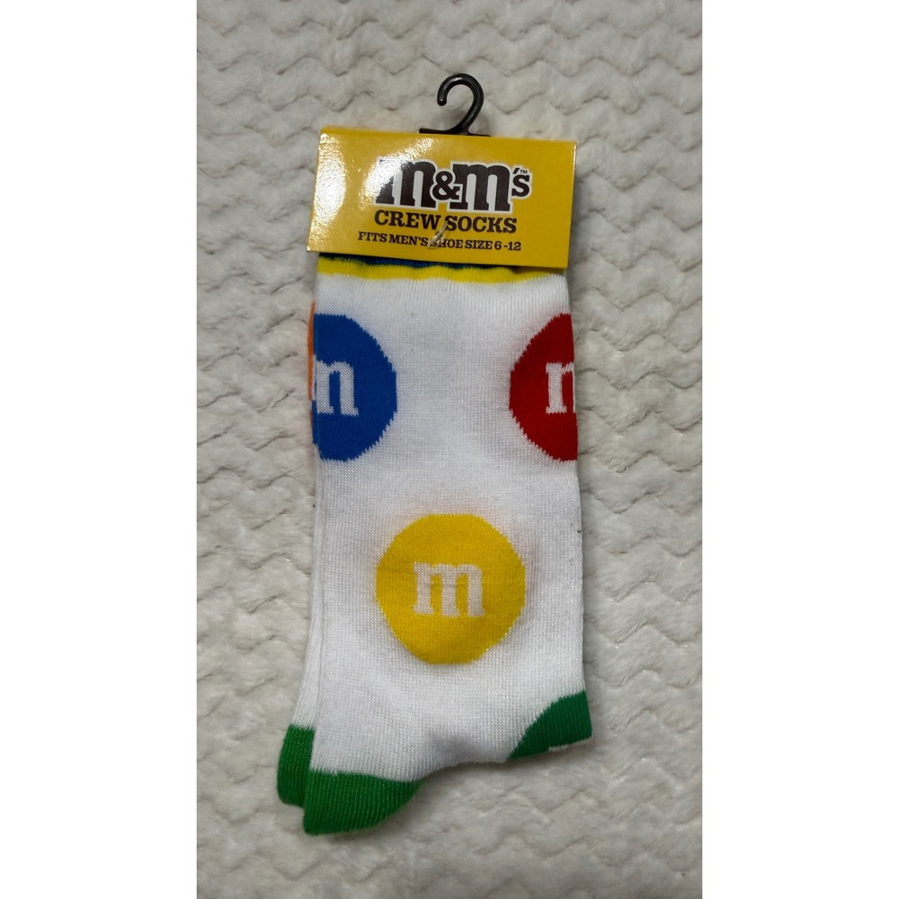 M&M's Crew Socks Mens Shoe Size 6-12 White Multi Color Candy Print DT-22094MNCFB